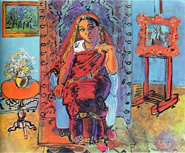  1930 Pintura al %C3%B3leo - Interior con mujer india 1930.